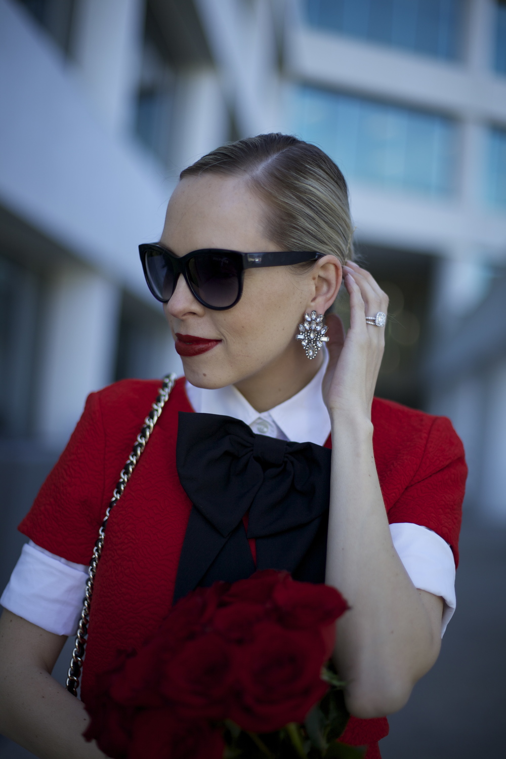 Zara red dress featured by top US fashion blog, Lombard and Fifth: image of a woman wearing a Zara red dress, J Crew white shirt, ASOS bow tie, Rebecca Minkoff bag, Benevolent Jewels earrings and DSW shoes